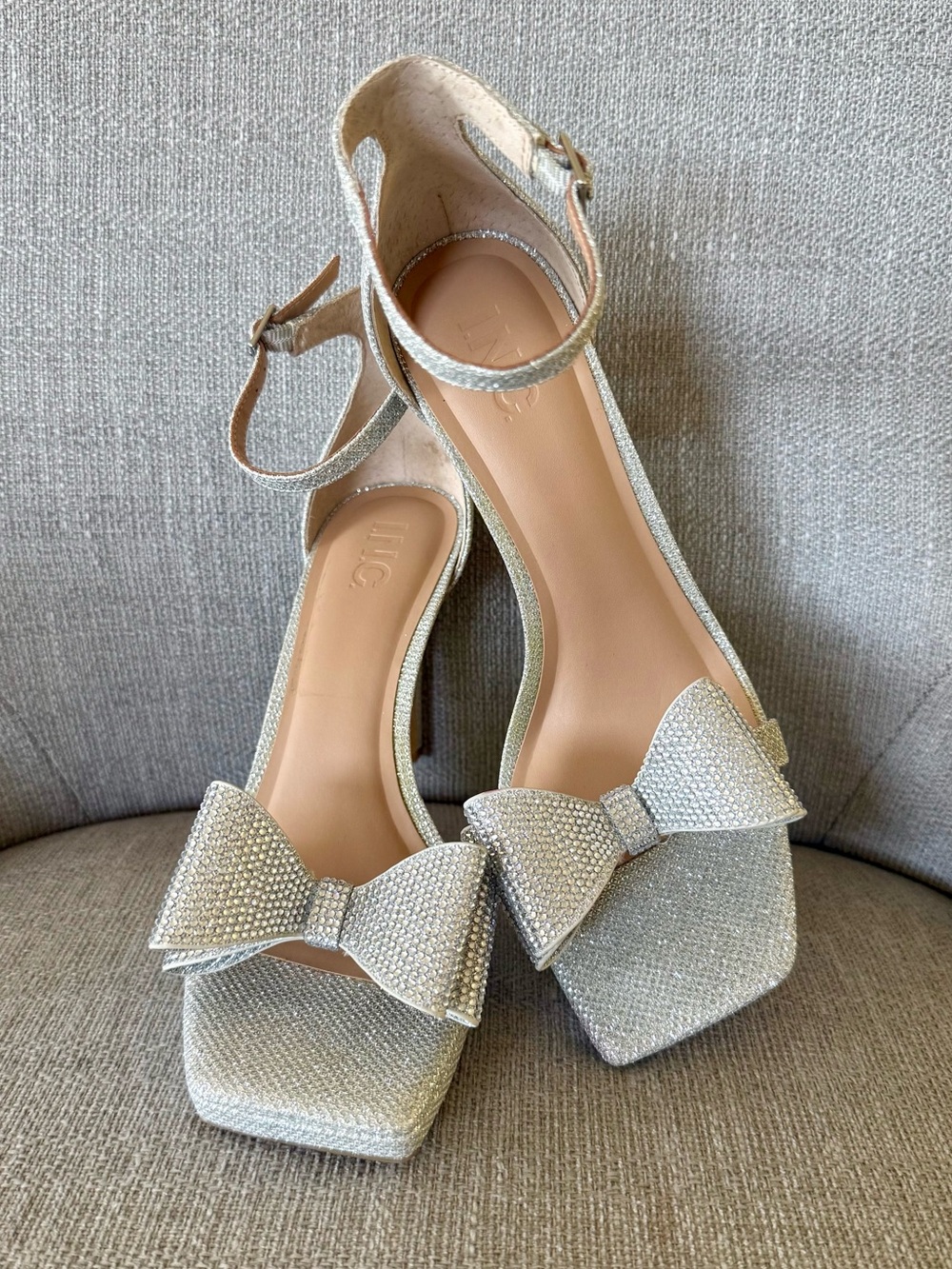INC International Concepts Silver Rhinestone Ajira Bow Stiletto Sandals